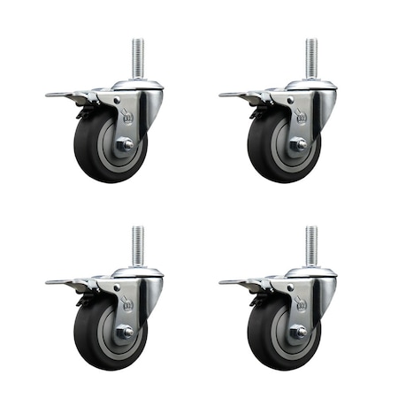 Service Caster 35 Inch Thermoplastic  Rubber Swivel 58 Inch Threaded Stem Caster Set with Total Lock Brake SCC-TSTTL20S3514-TPRB-58212-4
